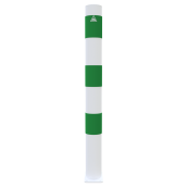 Barrier bollard | as e-charging station protection |  89 mm | hot-dip galvanized and white powder-coated with 3 green reflective strips foil type RA1/A | To be fixed by plugs